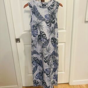 Bobeau Sleeveless Blue Leaf Print Tropical Midi Dress or Cover Up Size Small